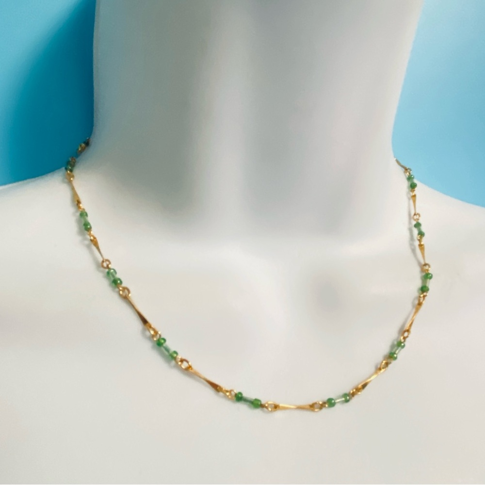 Vintage Gold Tone Necklace Minimalist Necklace Chain Green Seed Beads 16”